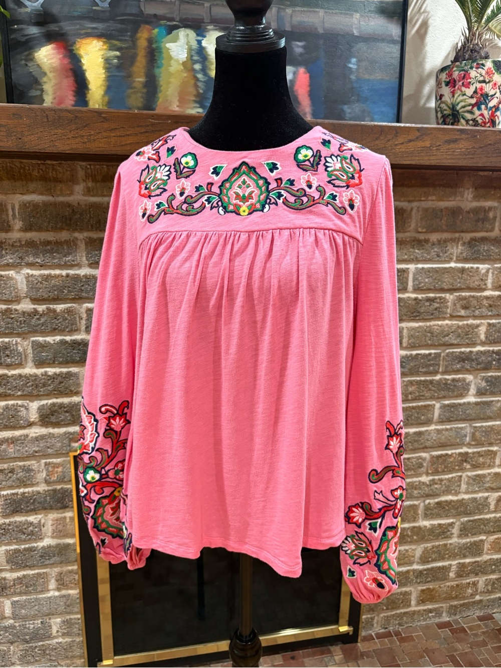 Boden Pink Embroidered Boho Peasant Top